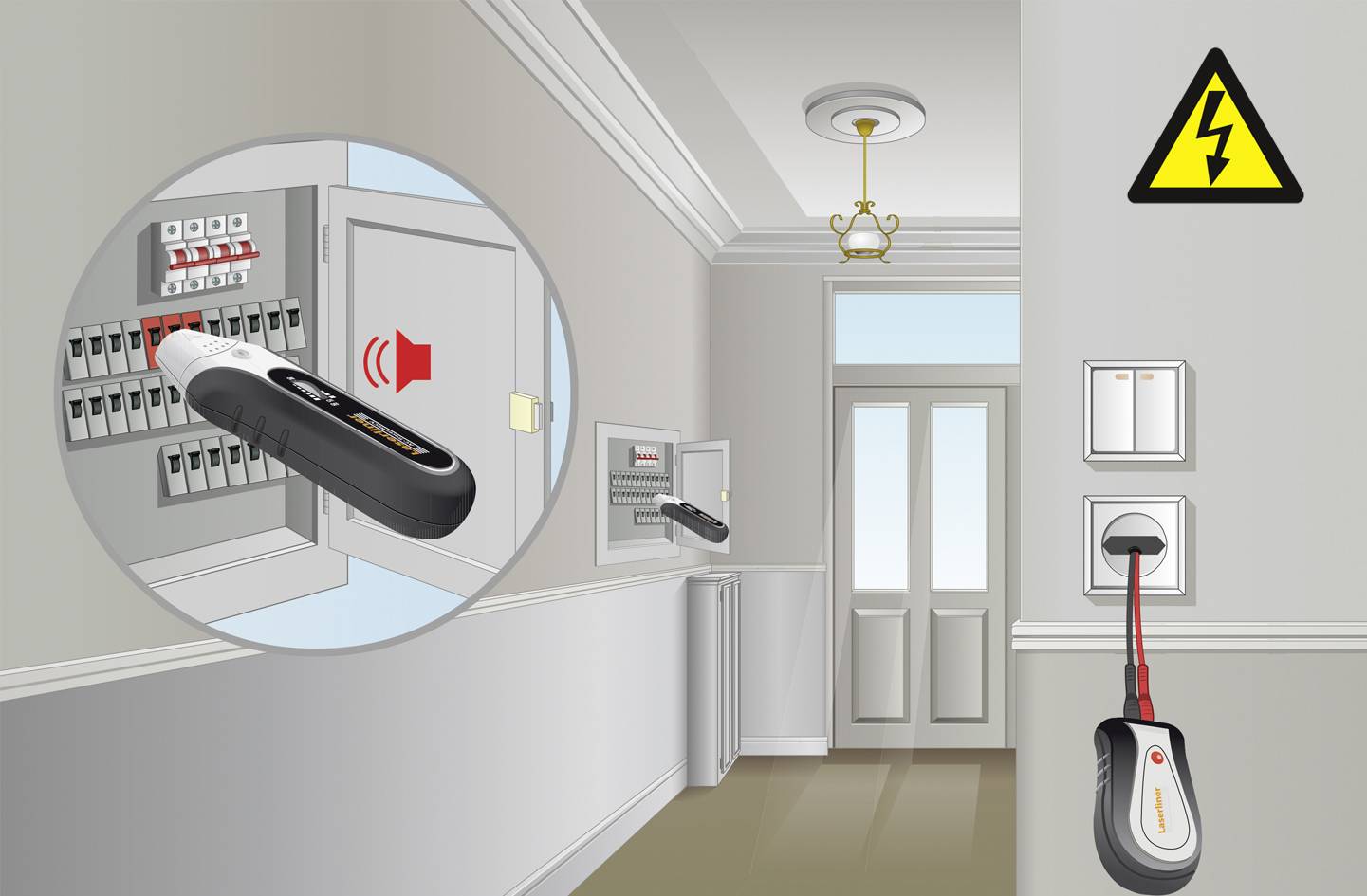 Obraz testera napięcia sprawdzającego obwód elektryczny w puszce ściennej. Widoczny jest symbol ostrzegawczy wysokiego napięcia.