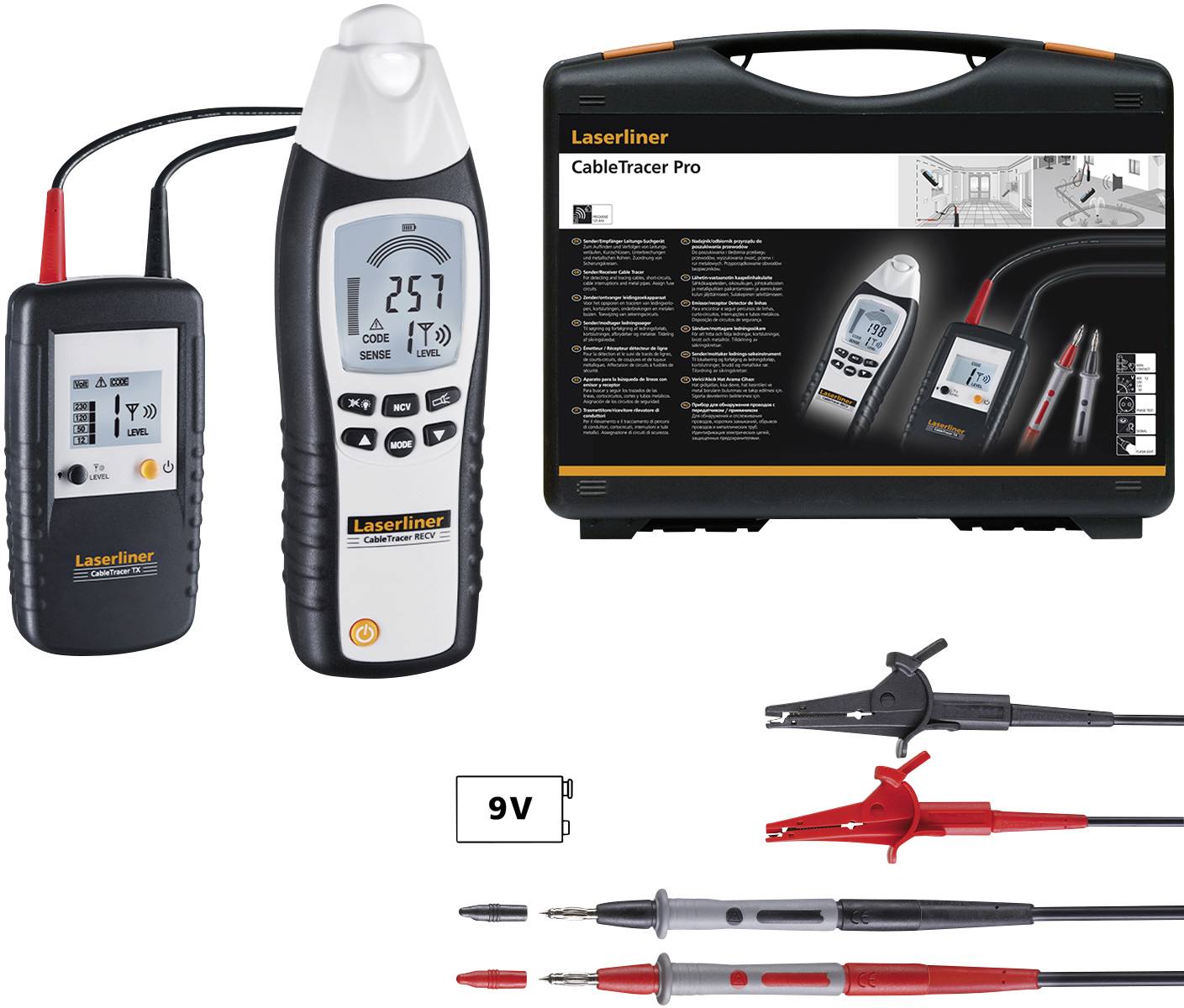 Laserliner CableTracer Pro z odbiornikiem, nadajnikiem, walizką i akcesoriami do lokalizacji kabli. Wyświetlacze urządzenia pokazują liczby i symbole.