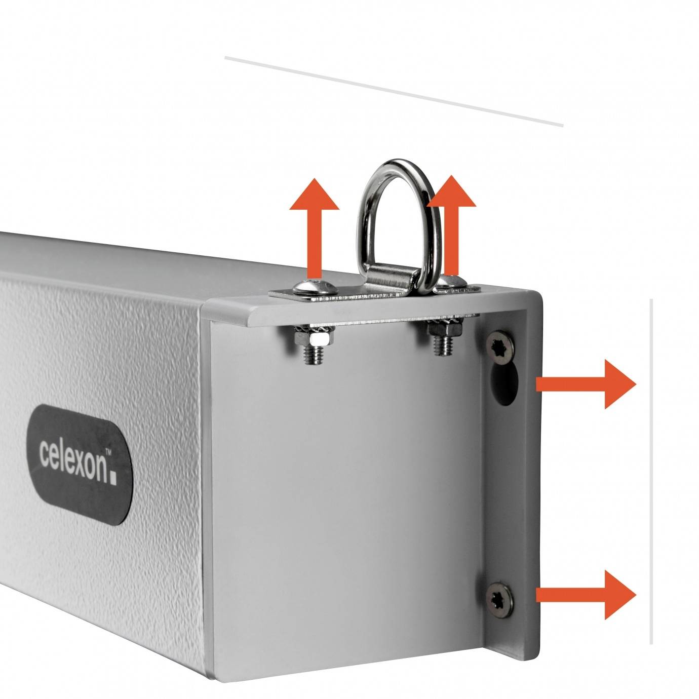 Biała kaseta na ekran z metalowym uchem u góry i czerwonym logo 'celexon'. Trzy czerwone strzałki wskazują na końce kasety.