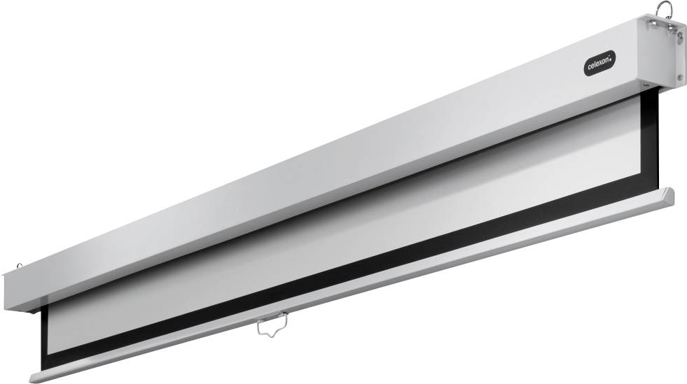 Elektryczny ekran projekcyjny w prostokątnej metalowej obudowie, idealny do domowego kina lub prezentacji biurowych.