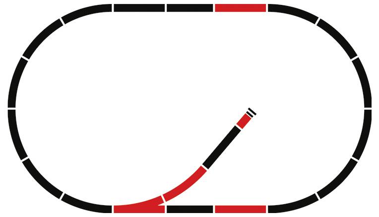Diagram toru kolejowego z przełącznicą zmieniającą ścieżkę z pętli kołowej na ścieżkę wyjścia rozgałęziającą się w prawo.