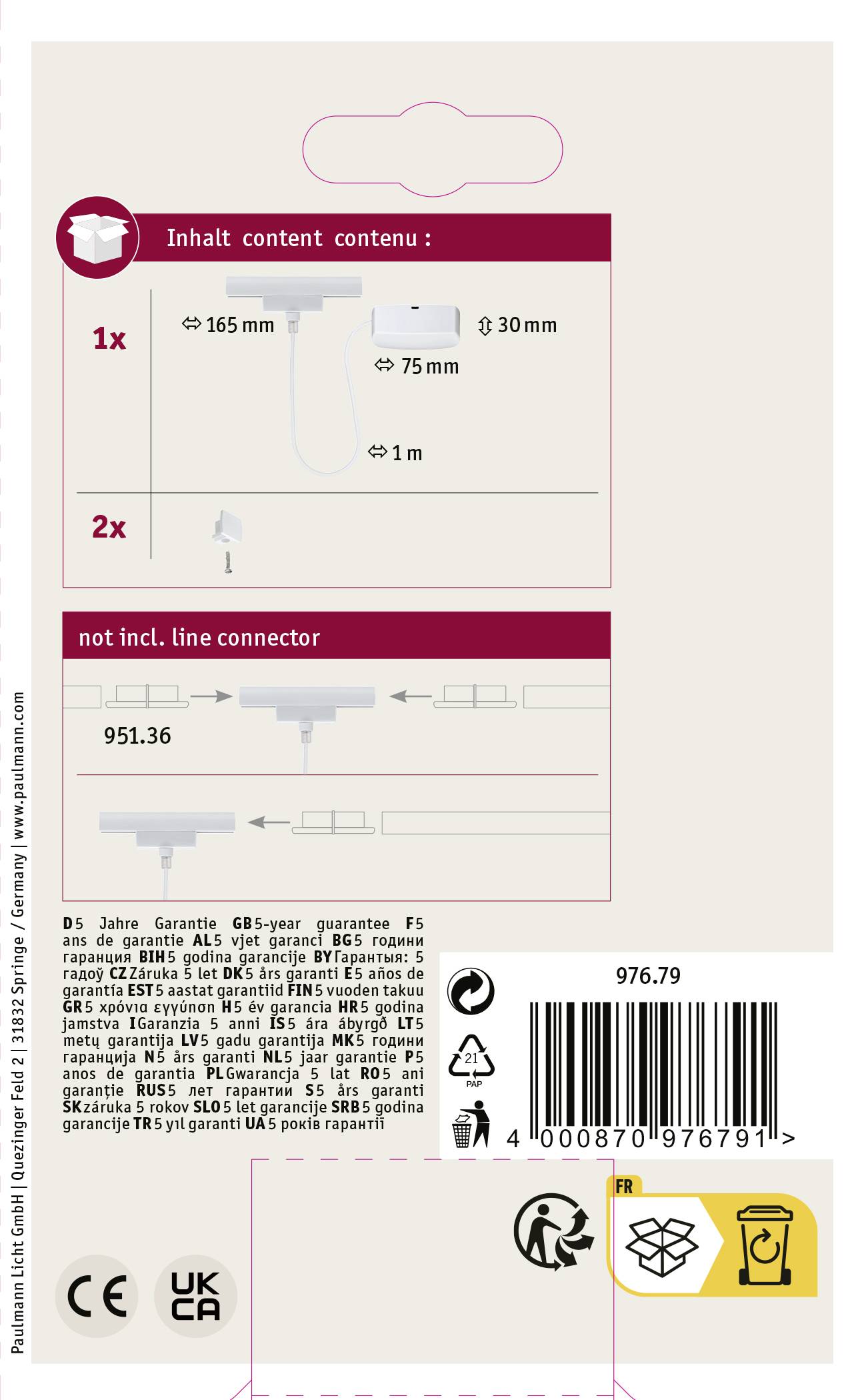 Tył opakowania adaptera kablowego: Zawiera 1x adapter '165 mm', 2x adapter '75 mm', bez złącza liniowego. Numer produktu 976.79.