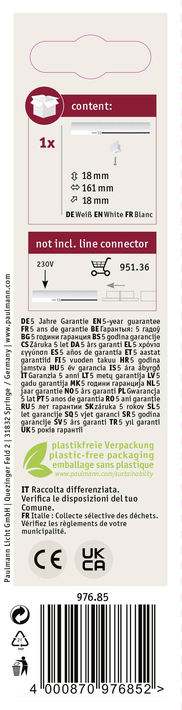 'Opakowanie białego zestawu obejm odciążających przewody, zawartość: 1x jednostka zaciskowa, 18 mm, średnica kabla 5,5 mm, bez złącza.'