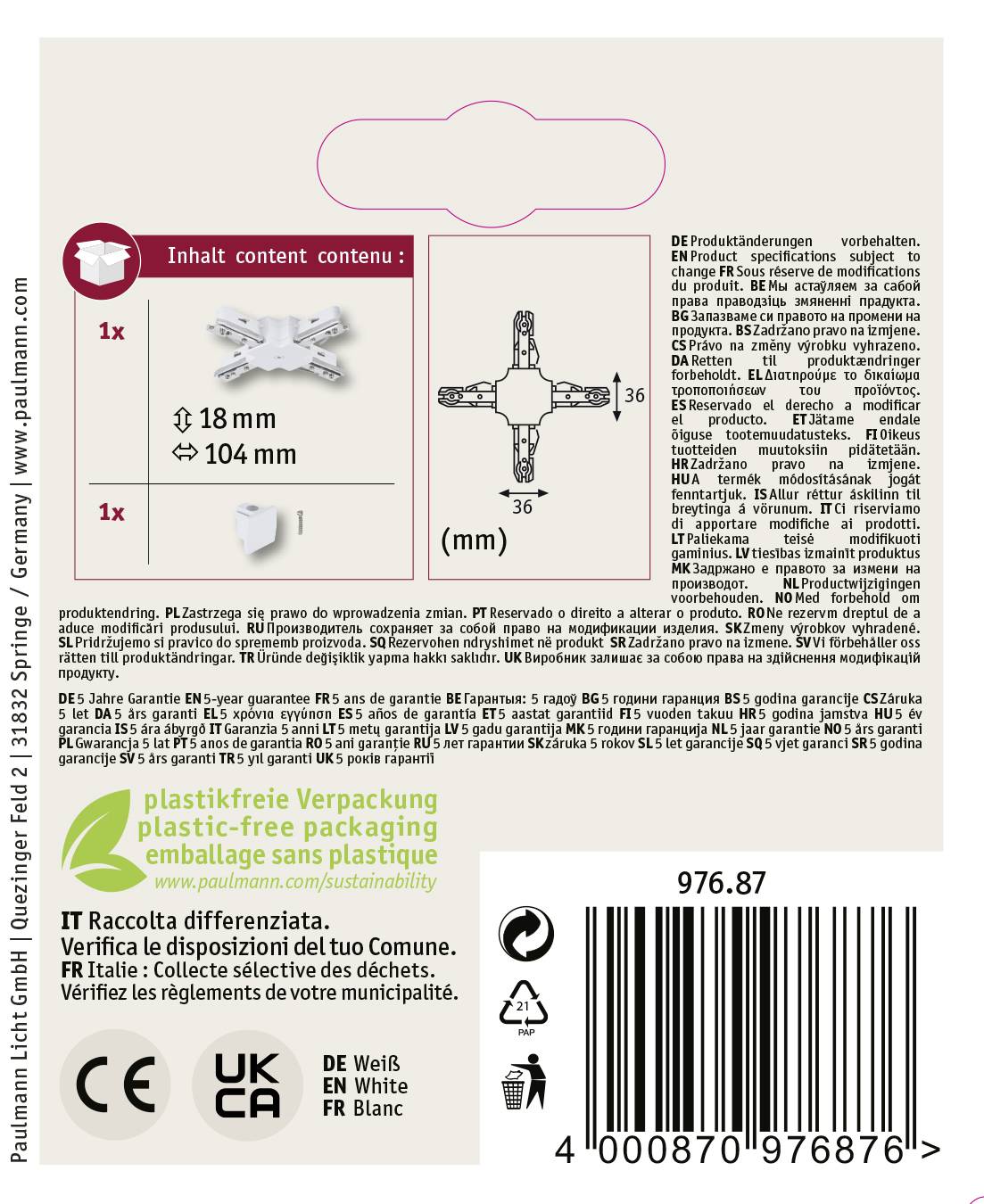 Opis produktu lampy GU10: Napięcie w woltach, kształt, rozmiar w mm. Zawiera szczegóły dotyczące przyjaznego środowisku opakowania bez plastiku.