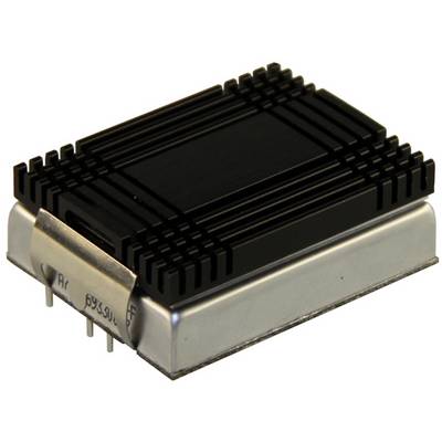 Czarny radiator na srebrnym elemencie elektronicznym z czterema stykami u podstawy.