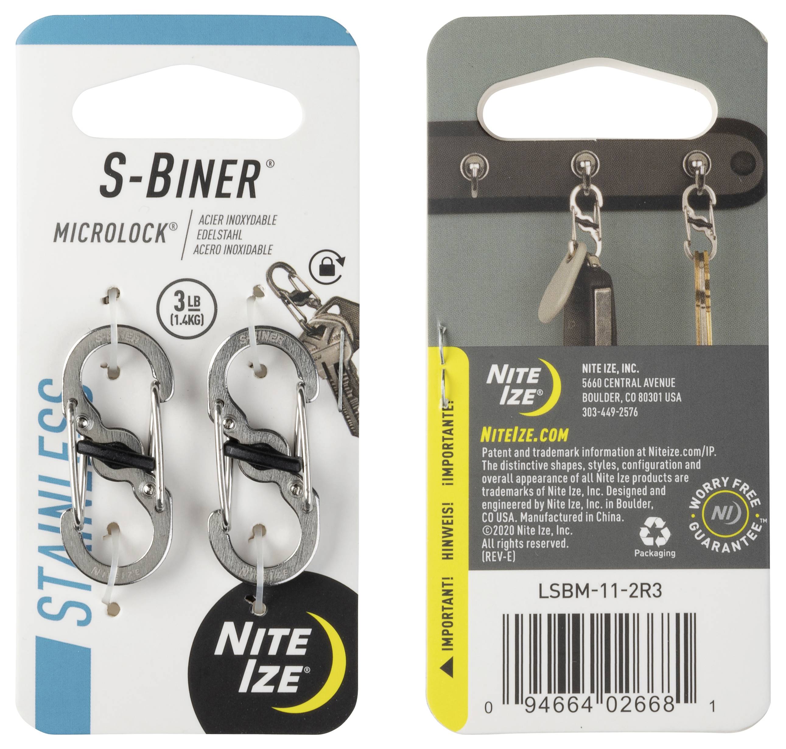 Dwa obrazy opakowań 'S-Biner Microlock' firmy Nite Ize, przedstawiające stalowe karabińczyki blokujące o wadze 3 funtów, wraz z informacjami kontaktowymi.