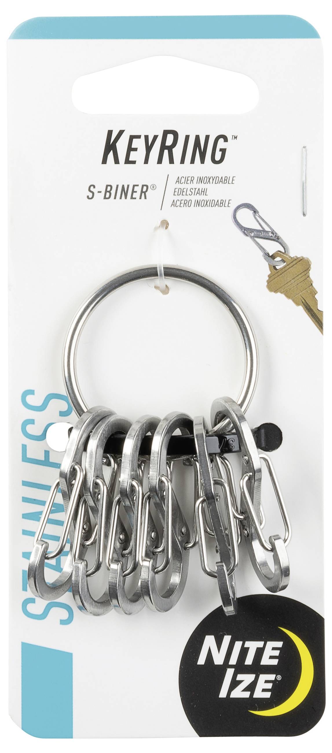 Opakowanie 'Nite Ize KeyRing S-Biner' z kilkoma mini karabińczykami ze stali nierdzewnej przymocowanymi do okrągłego breloka, odpowiednie do trzymania kluczy.