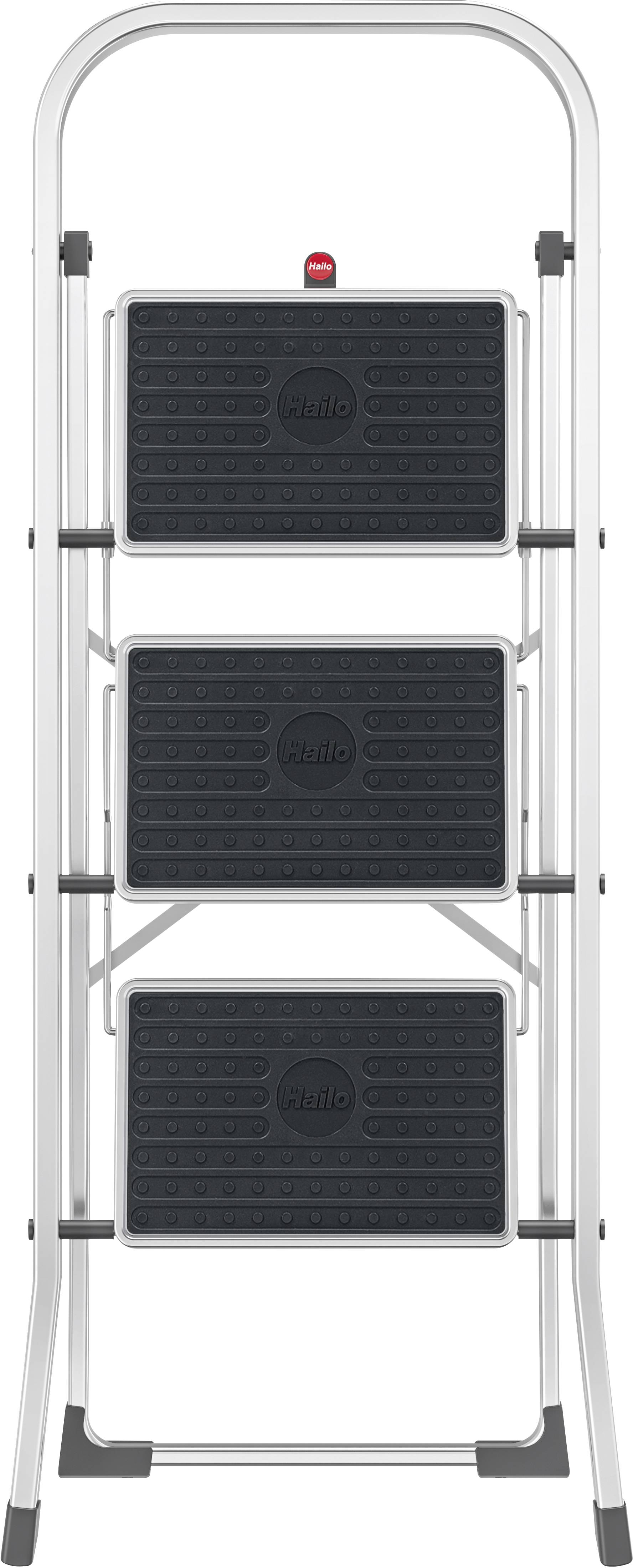 Srebrna składana drabina z trzema czarnymi stopniami, stojąca pionowo.