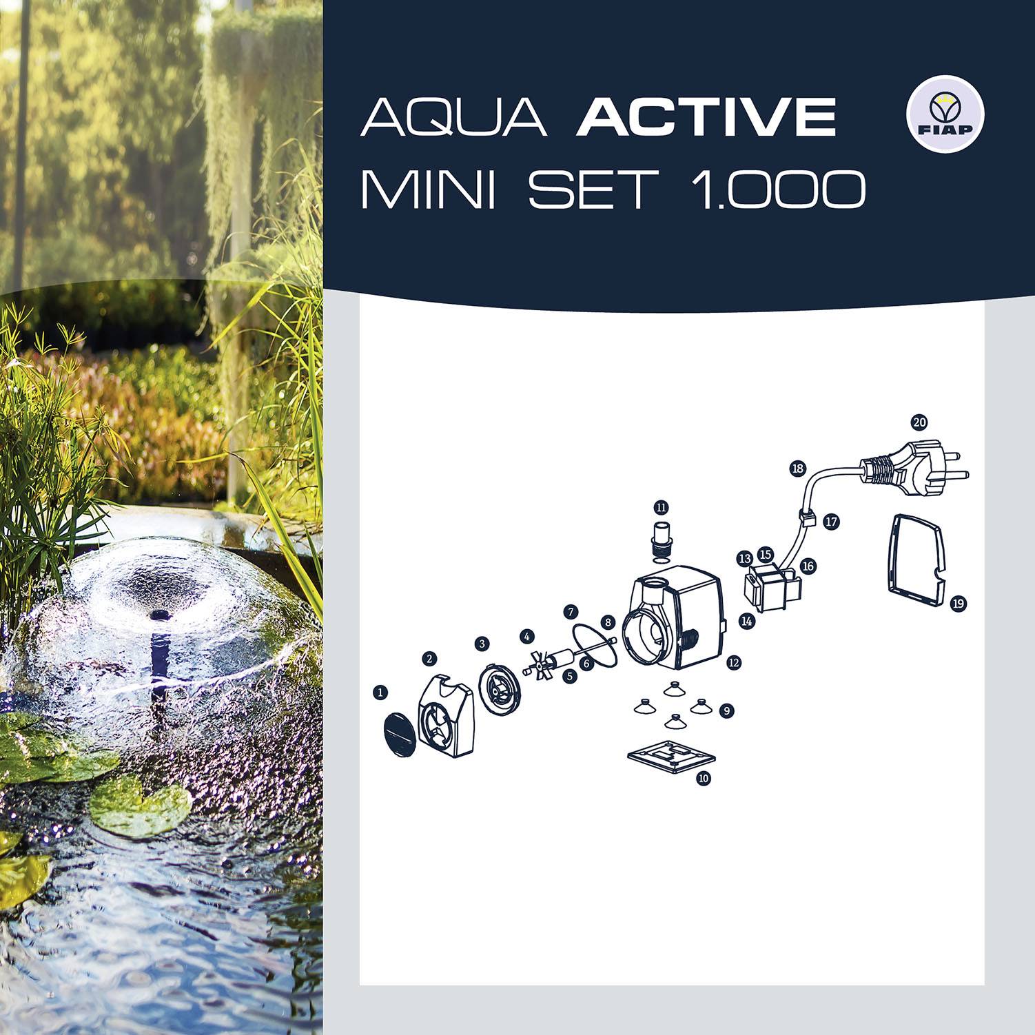 'Aqua Active Mini Set 1.000': Rysunek rozstrzelony zestawu pomp z częściami i szczegółami przyłączy. Po lewej stronie motyw przyrodniczy z wodospadem.