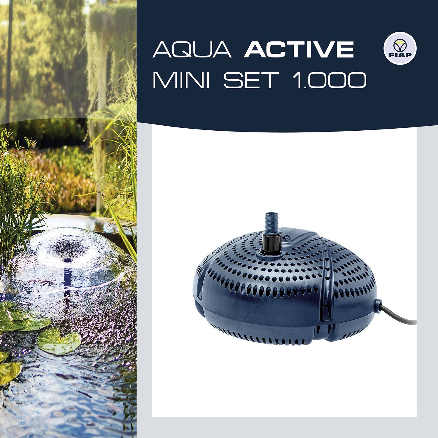 'Aqua Active Mini Zestaw 1.000' - Zestaw pompy do oczka wodnego na białym tle, po lewej stronie z fontanną wodną w naturalnym otoczeniu.