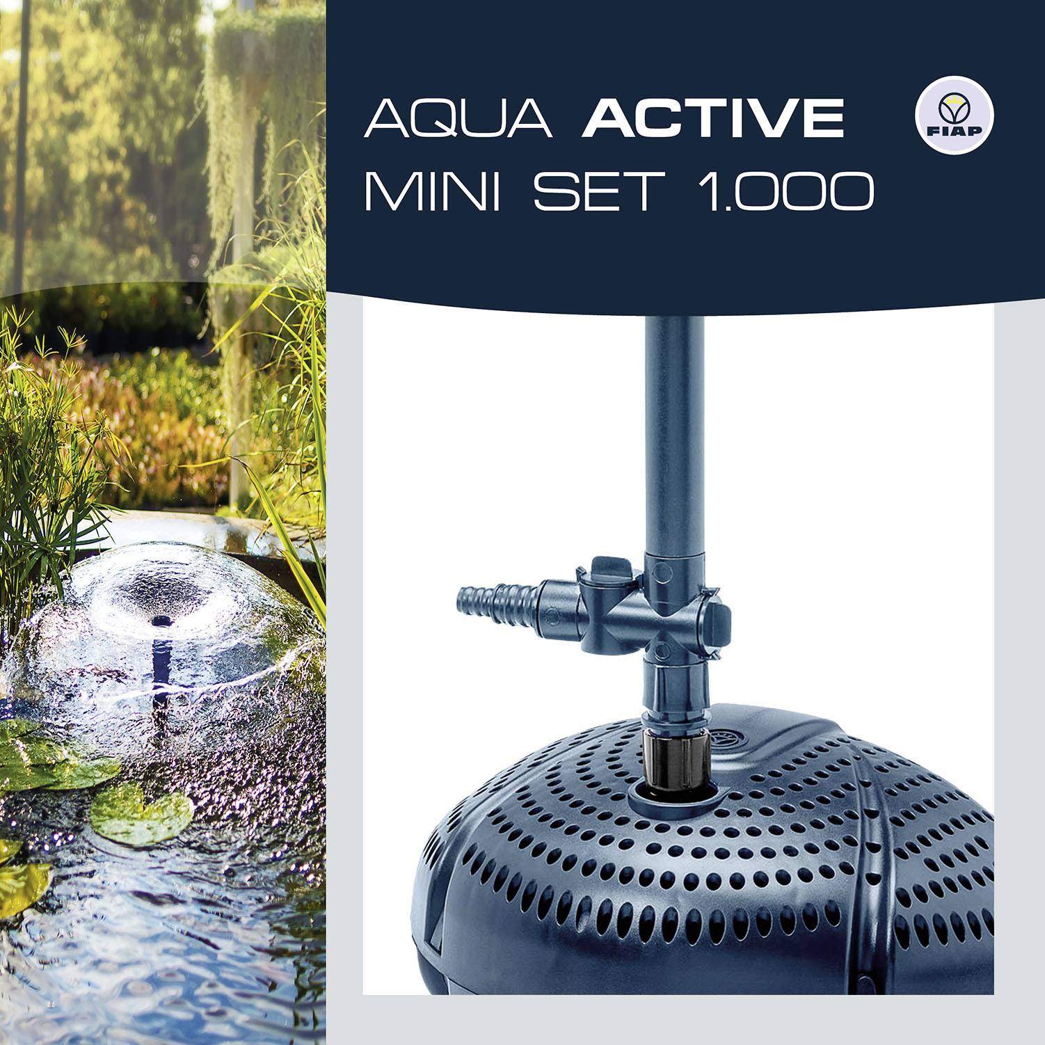 Wyświetlany jest 'FIAP Aqua Active Mini Set 1.000'. Pompa wodna w stawie, otoczona roślinami. Urządzenie przeznaczone do zastosowań w ogrodzie.