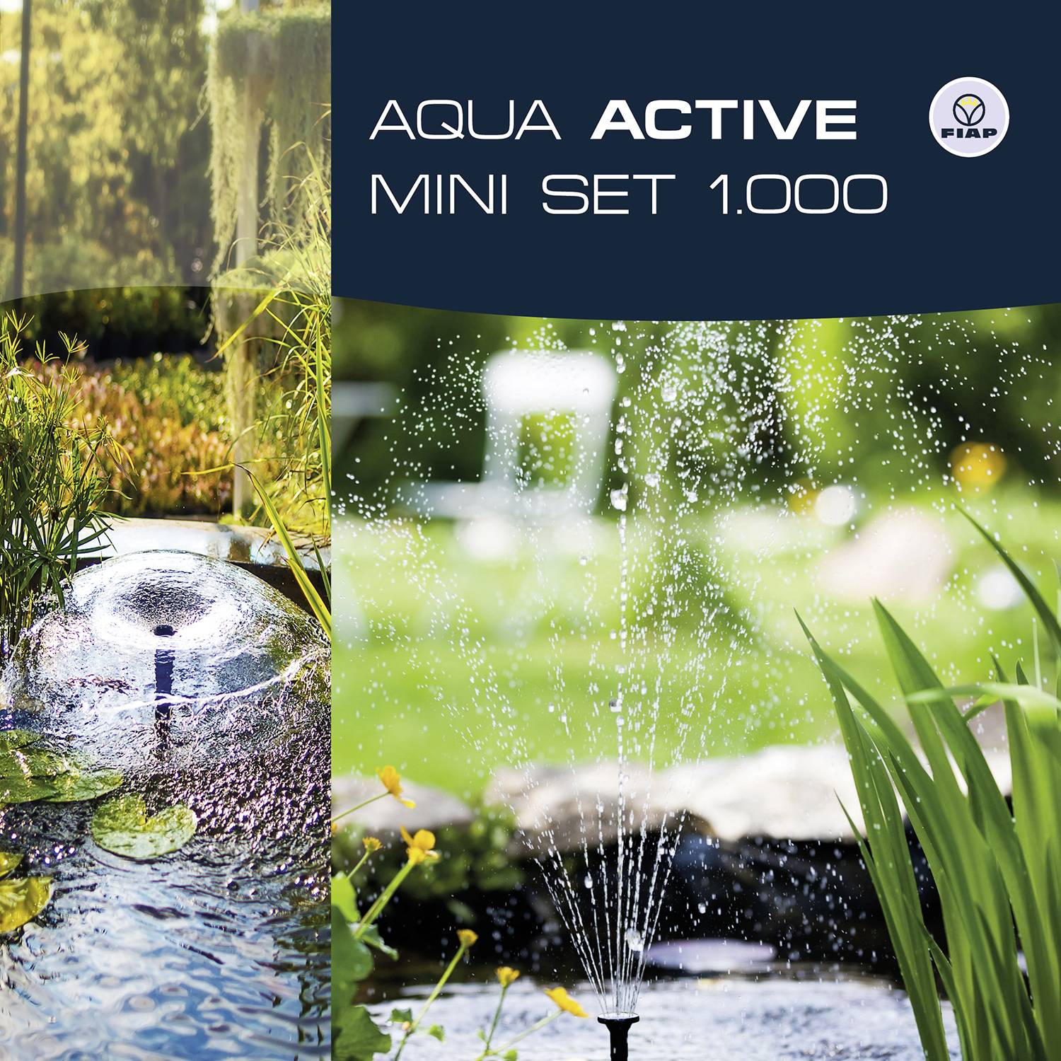 Krajobraz ogrodowy z dwoma małymi fontannami, otoczony roślinami. Tekst: 'Aqua Active Mini Set 1.000' z logo FIAP w prawym górnym rogu.