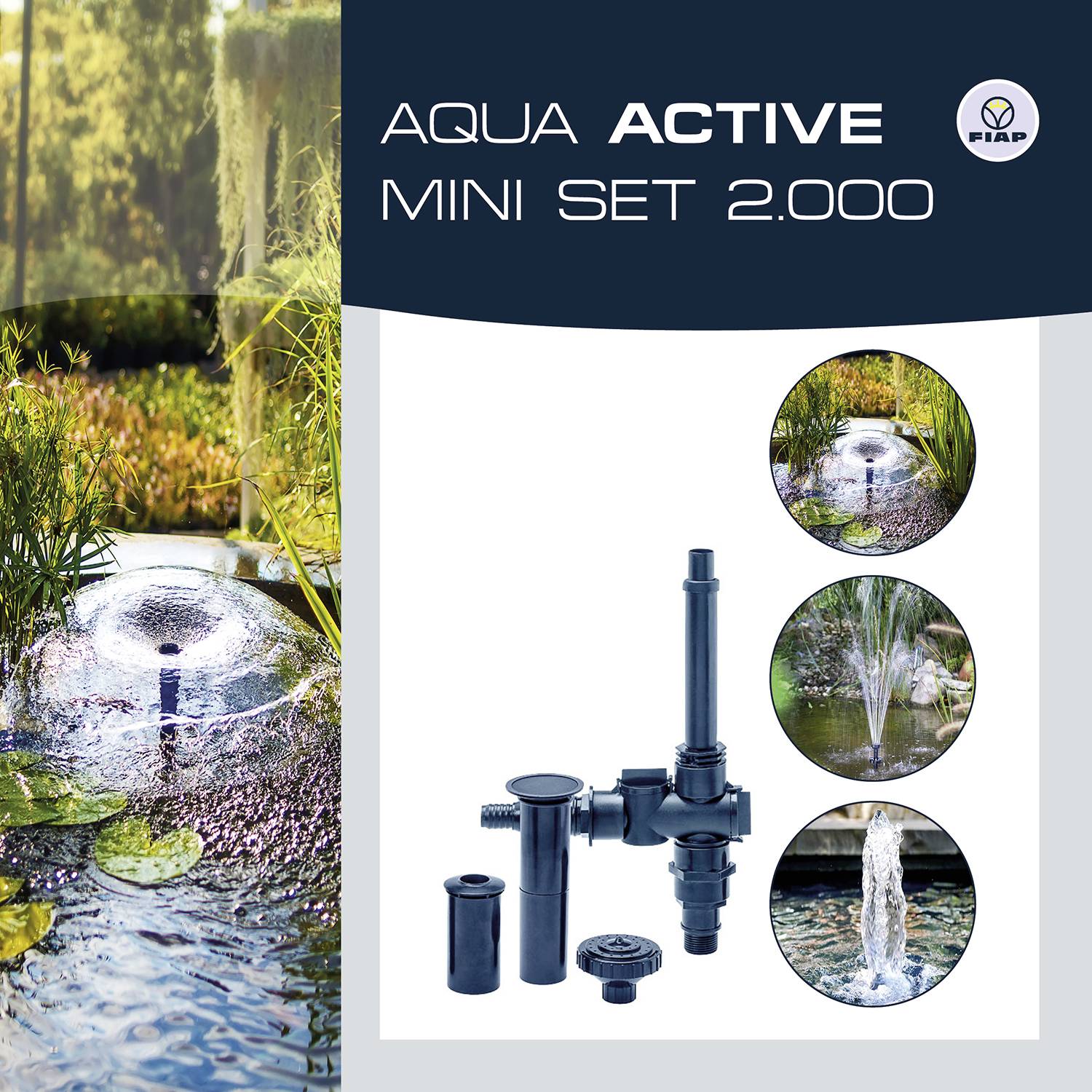 Zestaw 'Aqua Active Mini Set 2.000' - fontanna do oczka wodnego z akcesoriami do wodnych krajobrazów. Zawiera adapter pompy i dysze, które umożliwiają tworzenie różnych rodzajów strumieni wodnych.