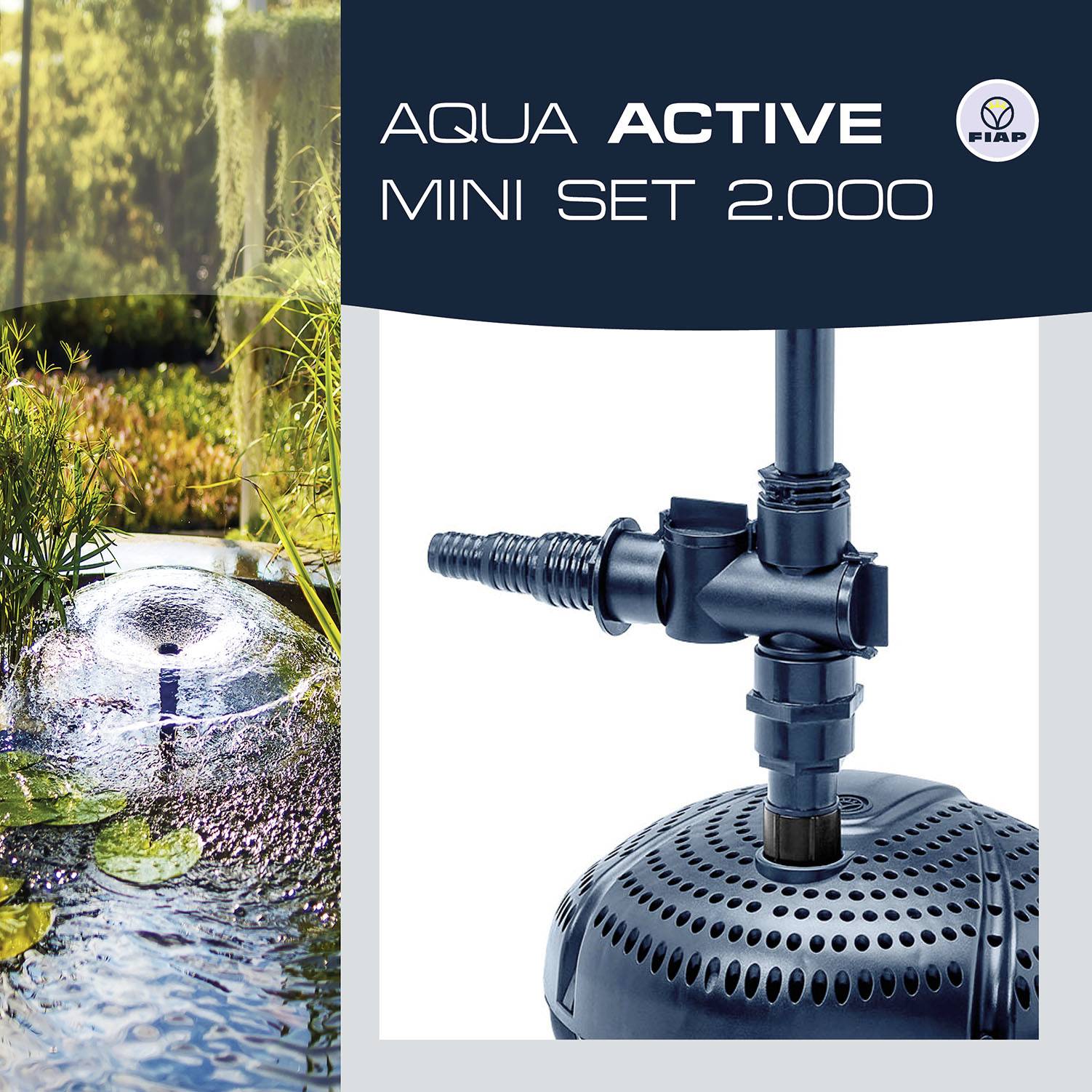 Zestaw 'Aqua Active Mini Set 2000' - pompa do oczka wodnego firmy FIAP, odpowiednia do średnich ogrodowych oczek wodnych. Na zdjęciu: pompa pracująca w wodzie.