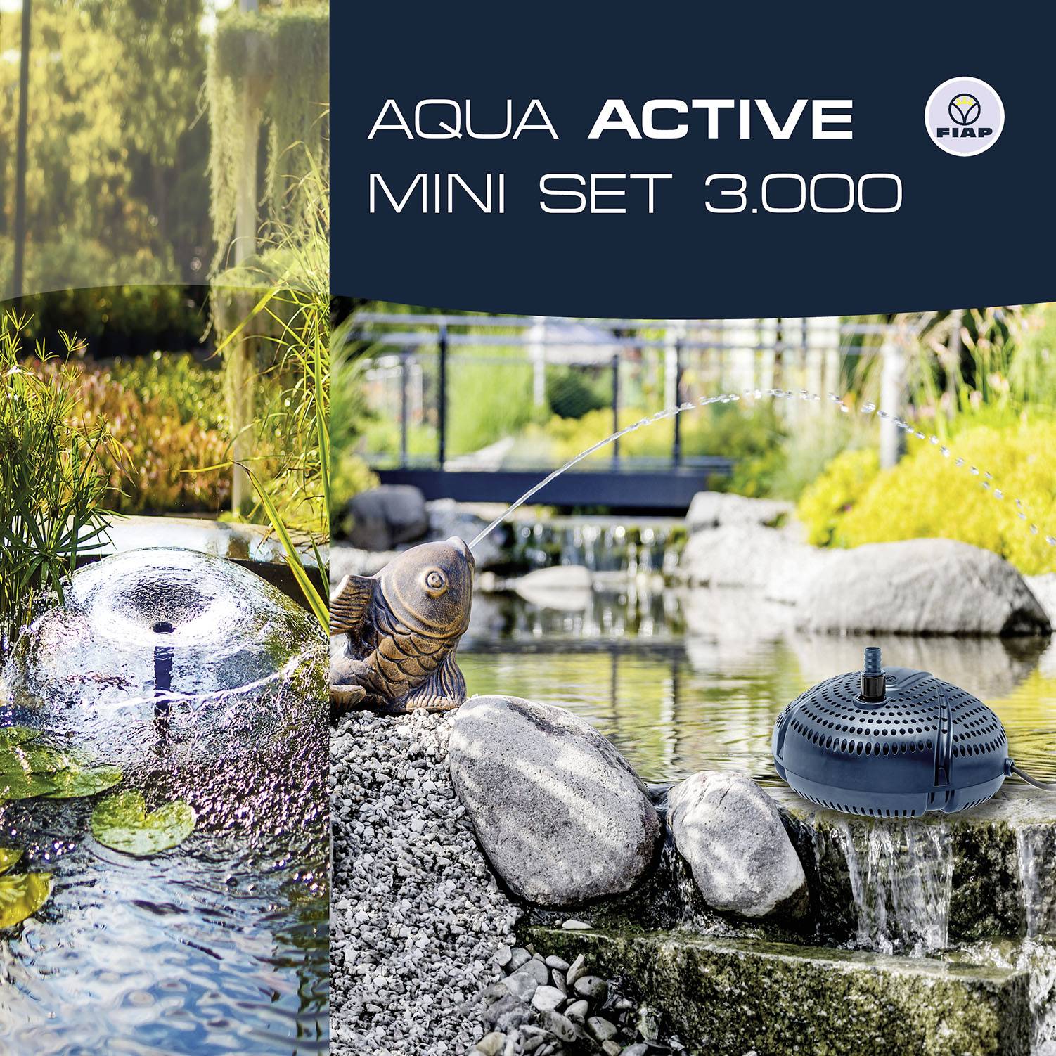Na pierwszym planie widać staw z tryskającą fontanną wodną. Dekoracyjny element w kształcie ryby spoczywa na skale. Po prawej stronie widnieje napis 'Aqua Active Mini Set 3.000'.