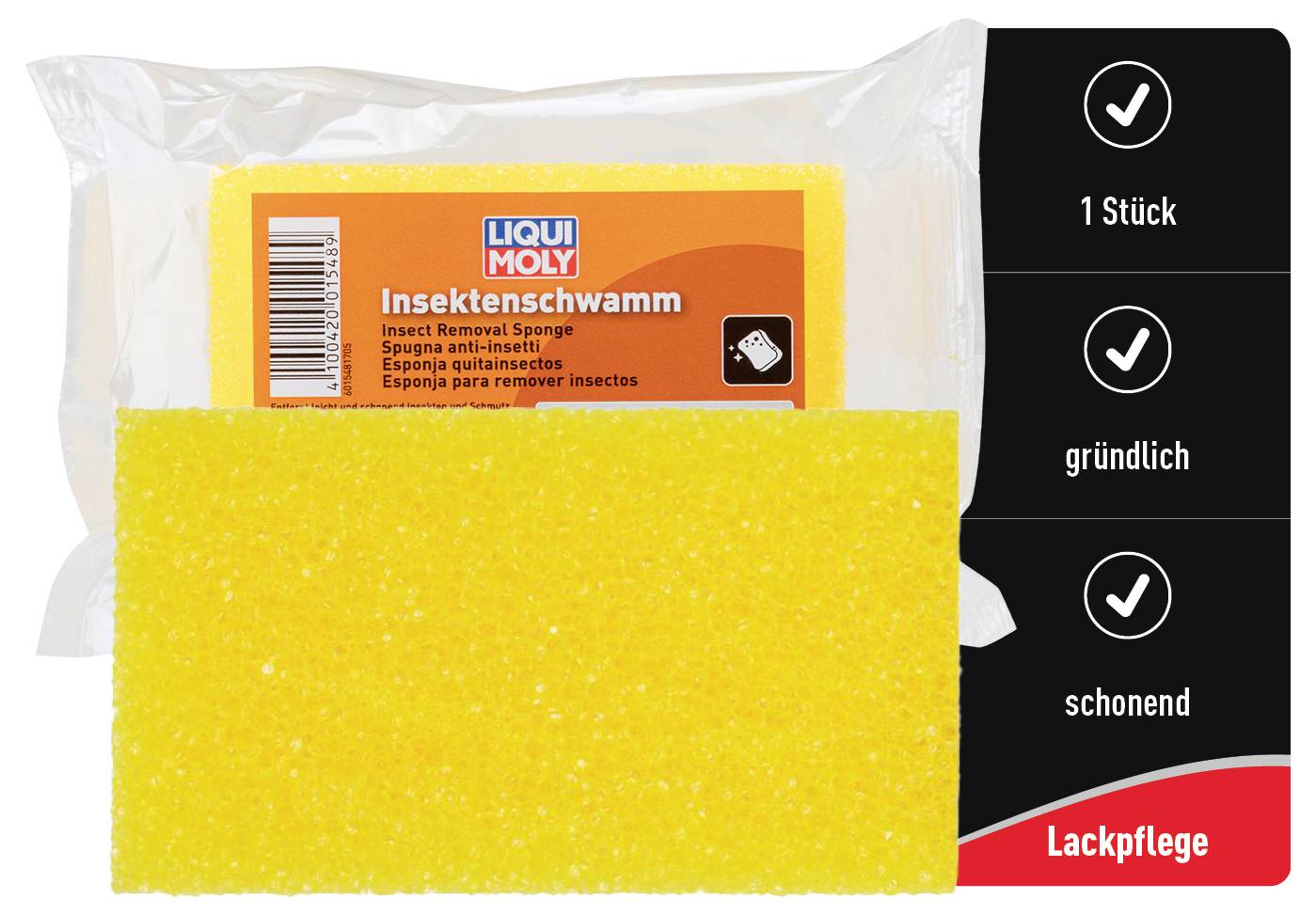 Żółta gąbka do owadów firmy Liqui Moly, zapakowana, reklamuje dokładną i delikatną pielęgnację lakieru. Powyżej czarny znacznik kontrolny z tekstem: '1 sztuka, dokładnie, delikatnie, pielęgnacja lakieru'.