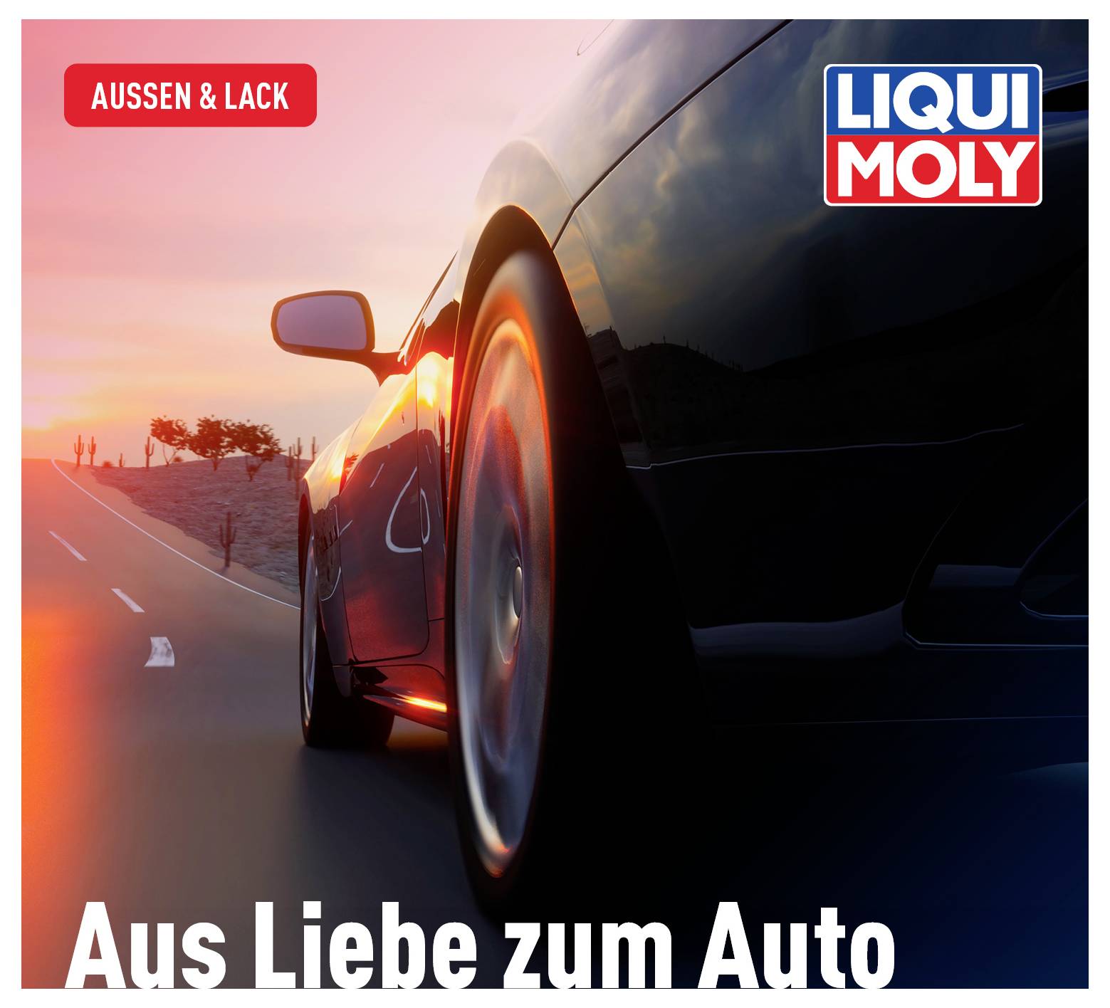 Czarny samochód jedzie drogą podczas zachodu słońca. W górnym prawym rogu logo 'Liqui Moly'. Tekst na dole: 'Z miłości do samochodu'.