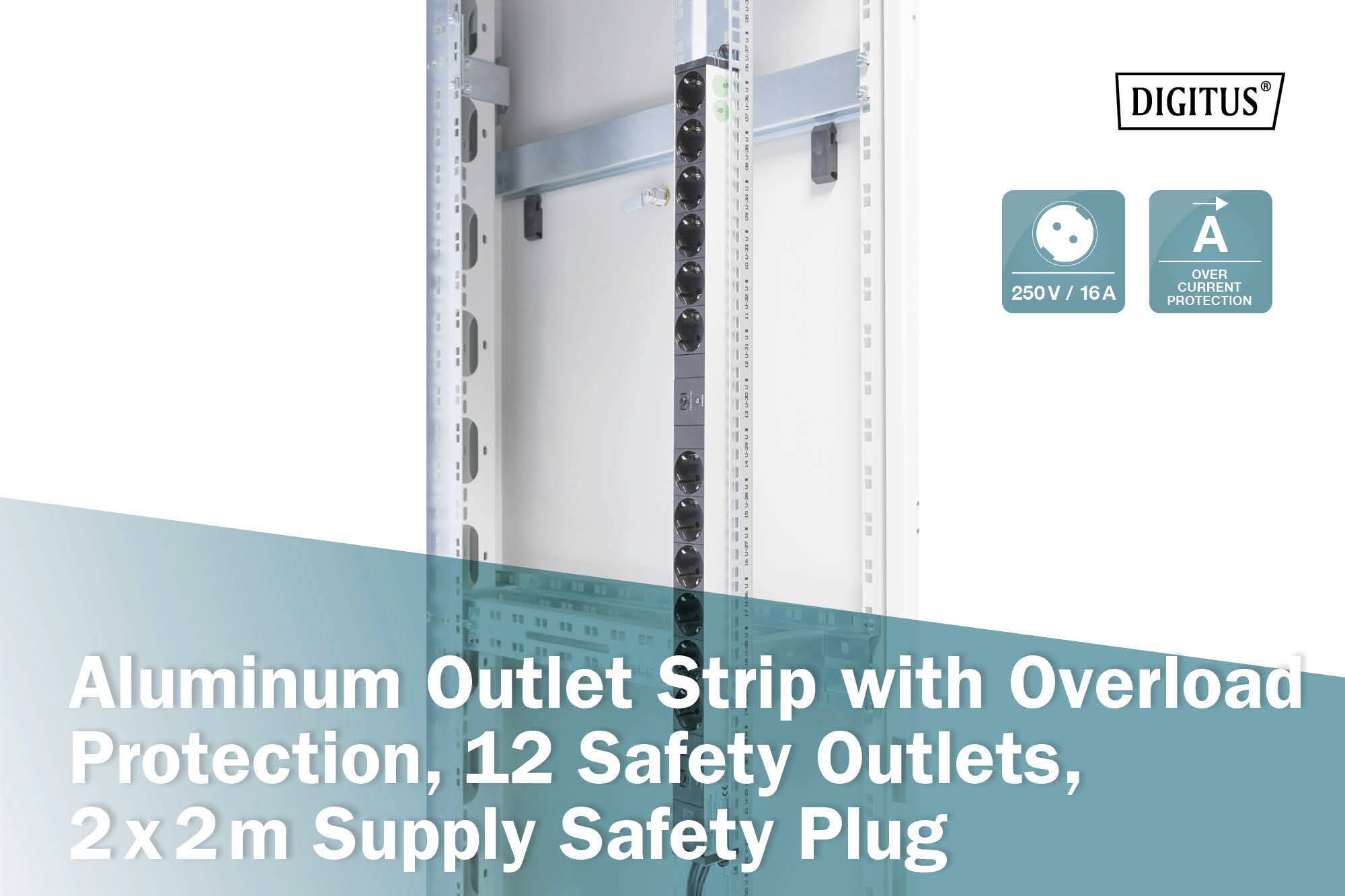 Listwa zasilająca aluminiowa z zabezpieczeniem przeciążeniowym, 12 gniazd ochronnych i wtyczką bezpieczeństwa 2x2m na niebieskim tle.
