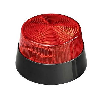 Okrągła, czerwona migająca lampa alarmowa na czarnej podstawie, często stosowana w sytuacjach awaryjnych lub jako sygnał ostrzegawczy.