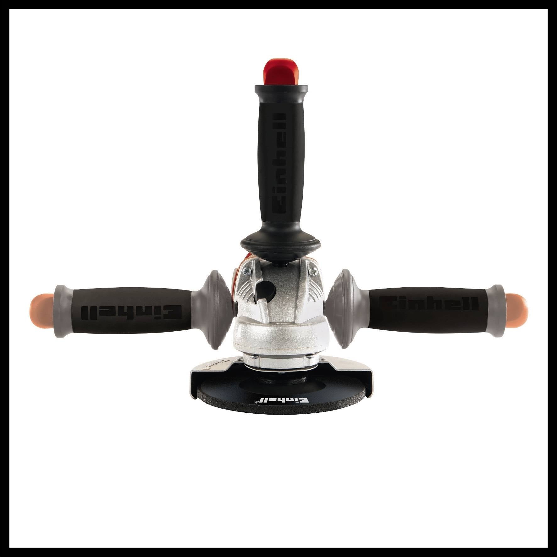 Szlifierka kątowa z trzema ergonomicznymi uchwytami i czarną obudową ochronną; czerwony przycisk na górze do bezpiecznej obsługi.