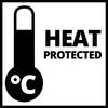 Symbol przedstawia termometr z '°C' oraz tekstem 'HEAT PROTECTED', co wskazuje na ochronę przed wysoką temperaturą.