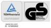 Logo z certyfikatem 'TÜV Rheinland' oraz znak 'Bezpieczeństwo sprawdzone GS', symbole potwierdzające sprawdzone bezpieczeństwo i standardy w produktach.