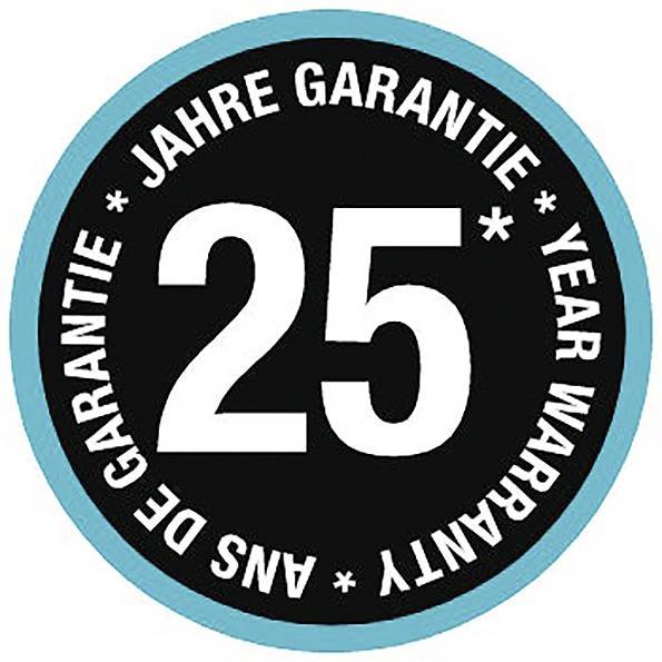 "25 lat gwarancji" w kole, otoczony tekstem w wielu językach.