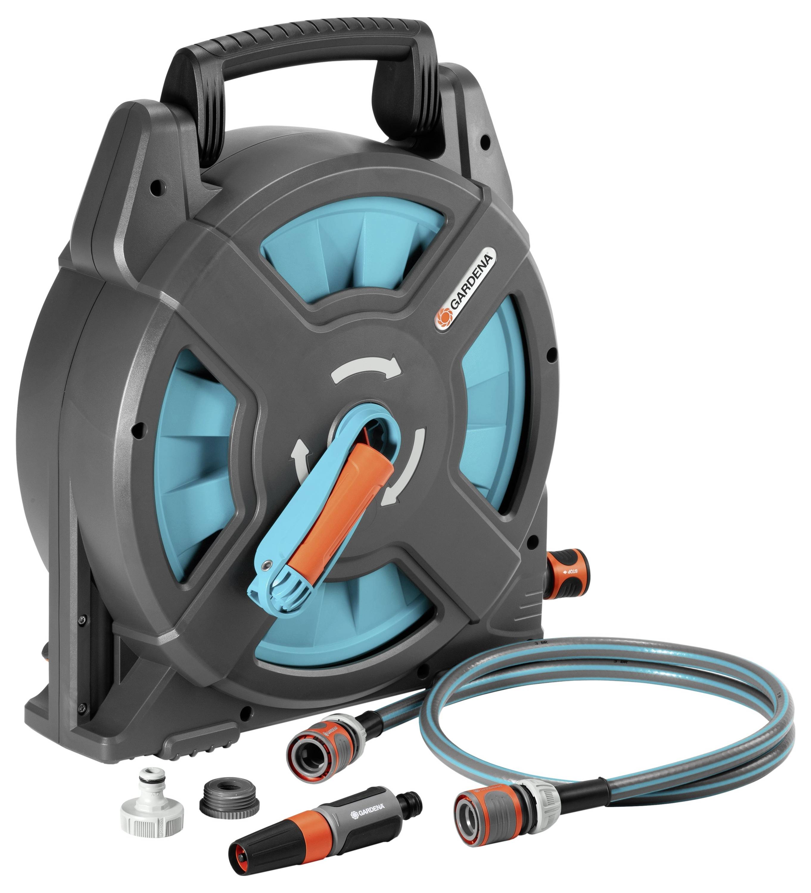 Automatyczny bęben na wąż z mocowaniem ściennym, niebieskoczarny, z widocznym logo marki, w komplecie z wężem i złączkami do nawadniania ogrodu.