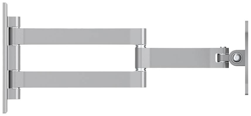 Srebrne zawiasy do drzwiczek mebli lub klapy, składające się z kilku ruchomych i stałych elementów metalowych.