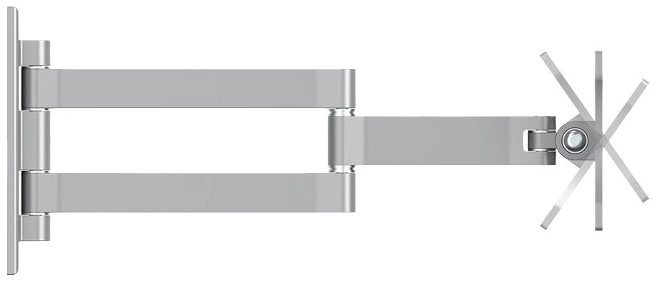 Srebrne, obrotowe ramię ścienne do monitorów, składające się z wielu przegubów, umożliwia elastyczne mocowanie i ustawienie ekranu na ścianie.