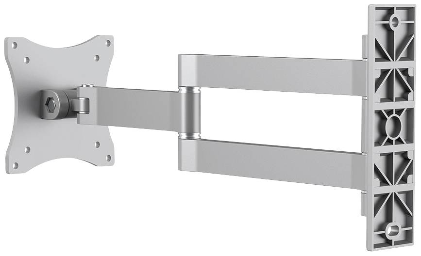 Srebrny uchwyt ścienny do telewizora z obrotowym ramieniem i standardem VESA prezentuje możliwość elastycznego zamocowania ekranu.