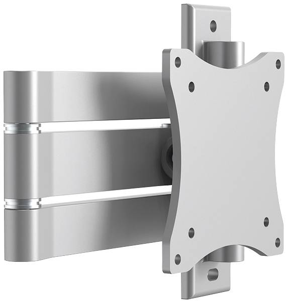 Srebrny, obrotowy uchwyt ścienny do monitorów lub telewizorów; prezentuje płytę montażową i ramiona. Kompatybilny z urządzeniami zgodnymi ze standardem VESA.