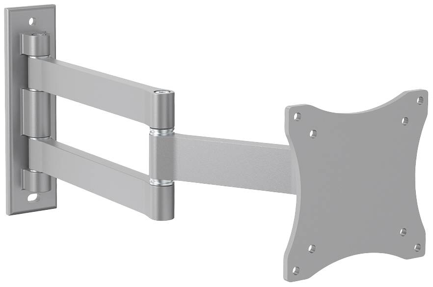 Szary uchwyt ścienny do telewizora z obrotowym ramieniem i prostokątną płytą montażową.