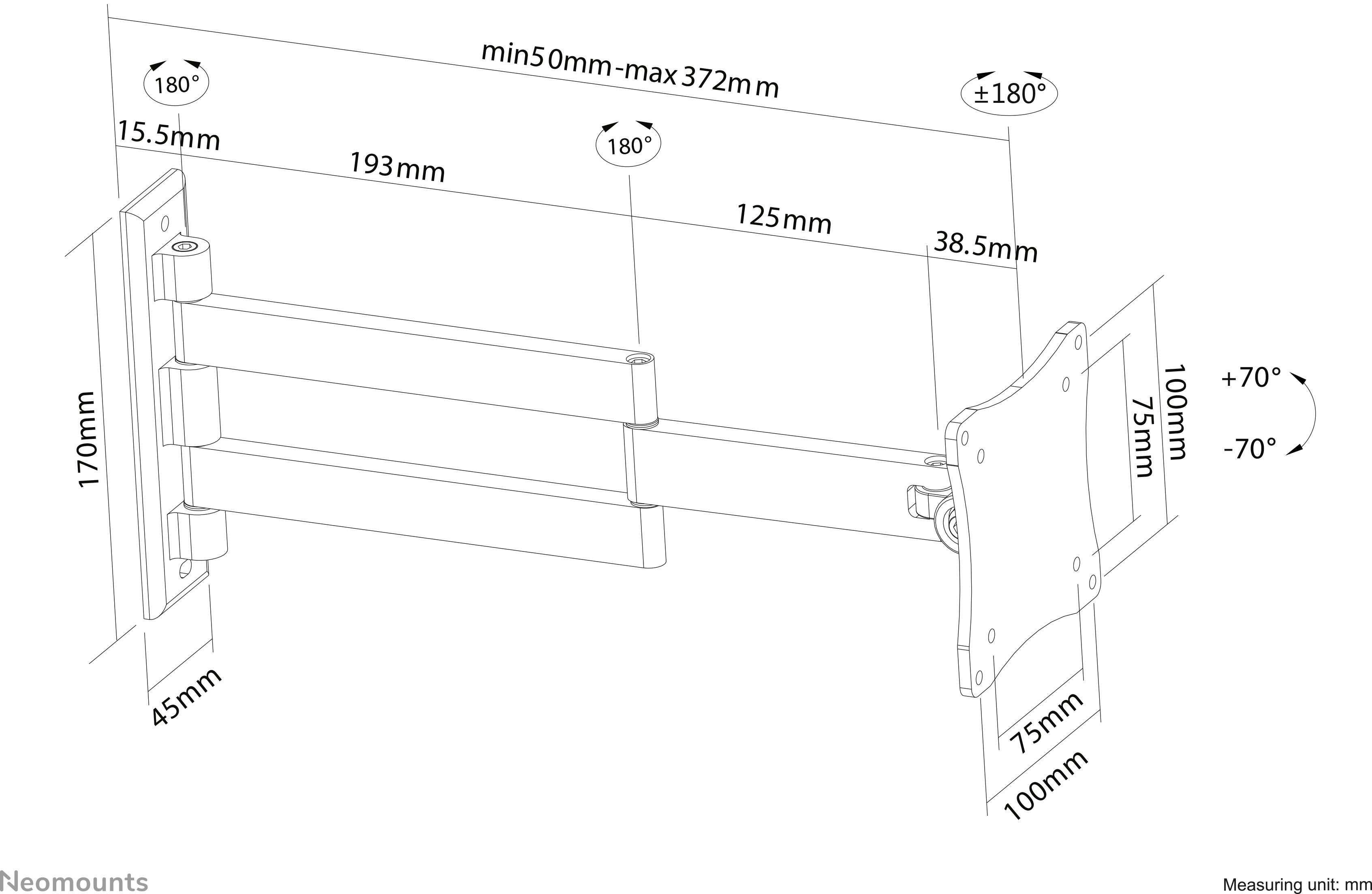 Opis uchwytu przegubowego do monitorów z regulowanymi ramionami i możliwością zmiany kąta nachylenia. Wymiary i zasięg są szczegółowo określone.