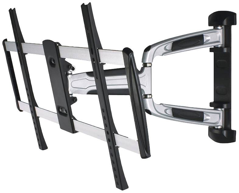 Uchwyt ścienny do telewizora z obrotowym ramieniem i regulowanymi mocowaniami, odpowiedni dla telewizorów płaskich, dostępny w kolorze srebrnym i czarnym.