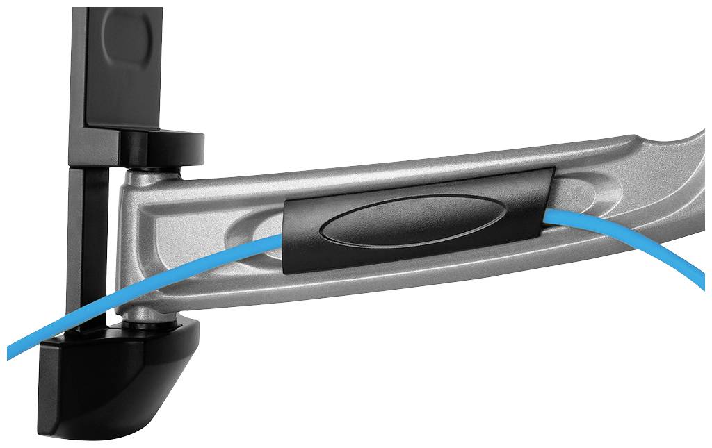 Czarny i srebrny odbój drzwiowy z niebieskim przewodem, który jest otwarty i umożliwia przytrzymanie drzwi w określonej pozycji.