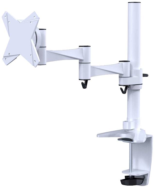 Biała, regulowana podstawka pod monitor do mocowania na krawędzi biurka, wyposażona w obrotowe ramię i podstawę w kształcie gwiazdy.