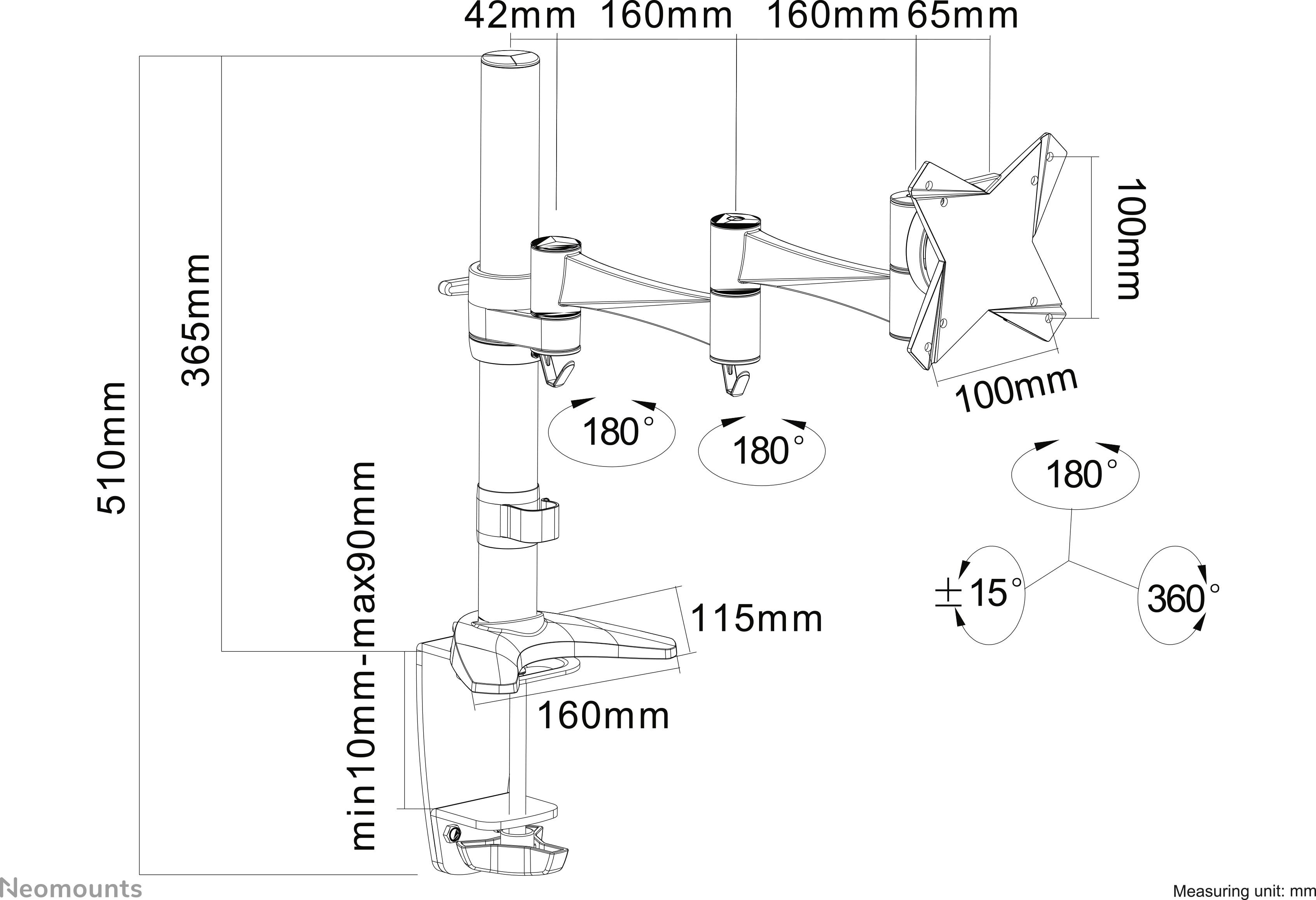 Rysunek techniczny ramienia monitora z wymiarami: wysokość 510 mm, głębokość 160 mm, różne kąty nachylenia do 180 stopni.