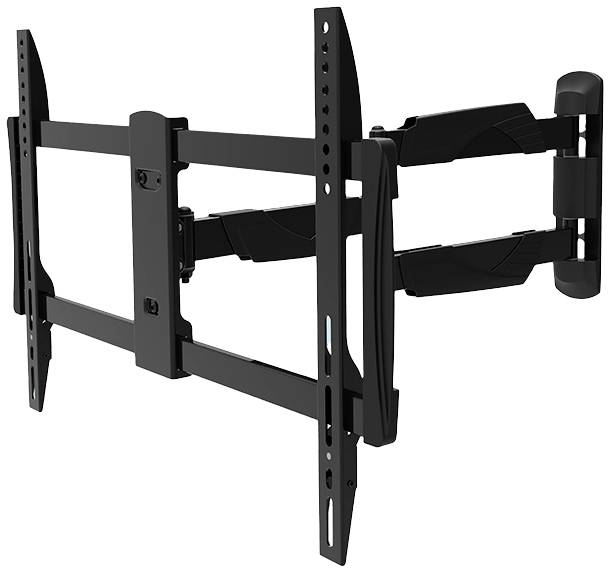 Metalowy, czarny uchwyt do telewizora na ścianę z obrotowym ramieniem, zamocowany przy ścianie. Zapewnia elastyczne ustawienie telewizora.
