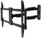 Metalowy, czarny uchwyt do telewizora na ścianę z obrotowym ramieniem, zamocowany przy ścianie. Zapewnia elastyczne ustawienie telewizora.
