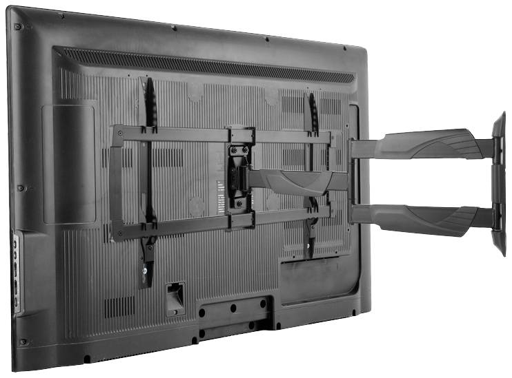 Tylny widok ekranu telewizora zamocowanego na obrotowym ramieniu ściennym. Mocowanie pozwala na elastyczne ustawienie urządzenia.
