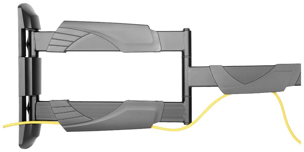 Obrotowy uchwyt ścienny do telewizora w kolorze szarym z systemem prowadzenia kabli, w pozycji rozłożonej. Odpowiedni do montażu na ścienie z przepustem kablowym.