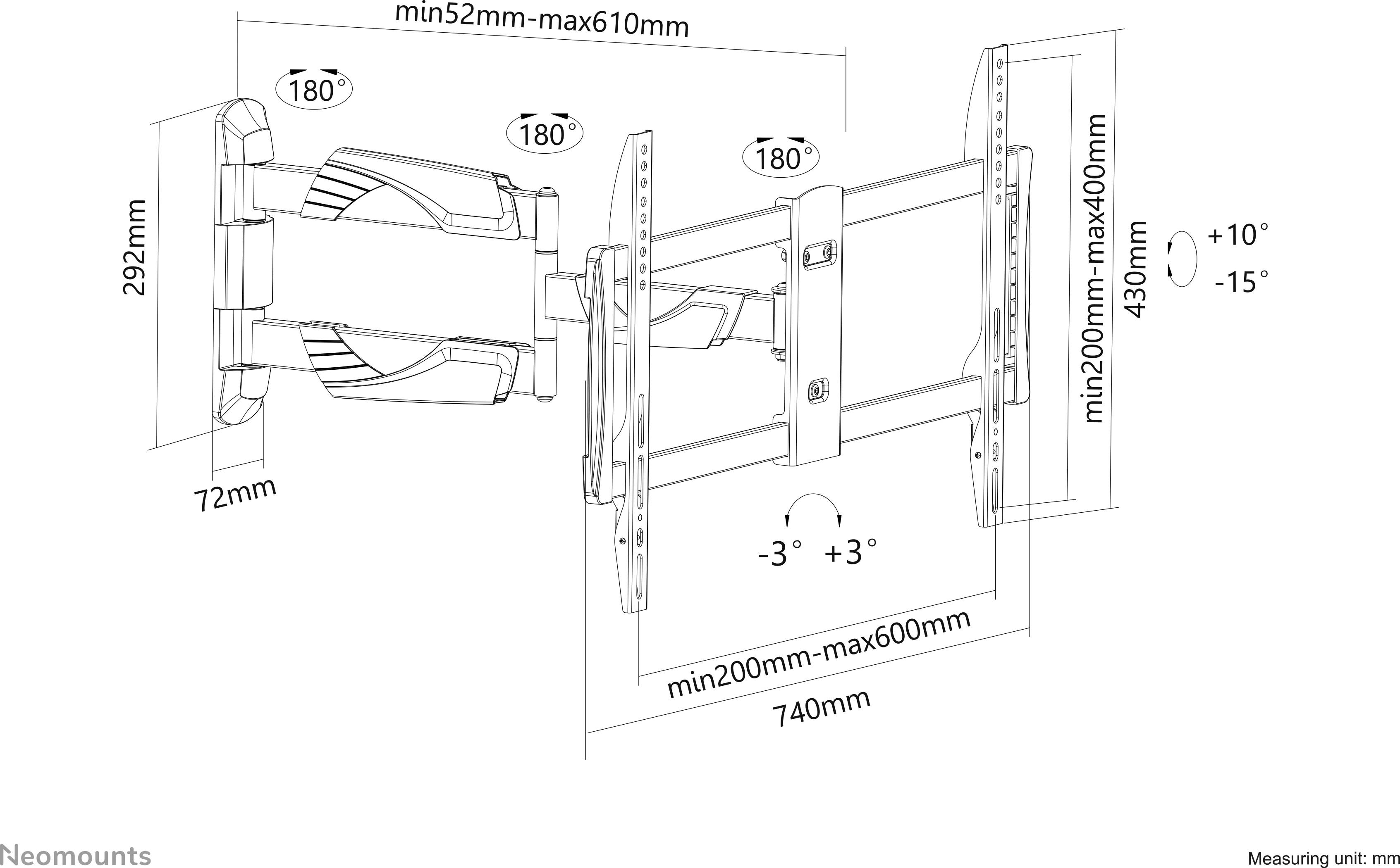 Szkic uchwytu ściennego z regulowanymi ramionami i pochyleniem. Wymiary: min 52 mm - maks. 610 mm, maks. 74 cm szerokości, 43 cm wysokości.