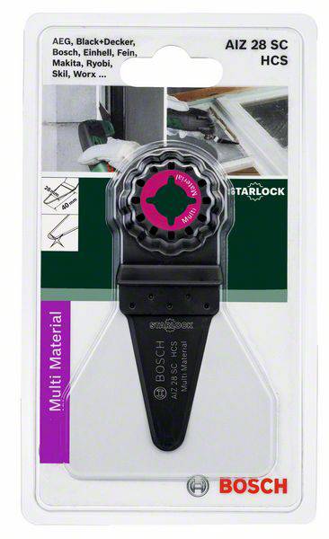 Opakowanie brzeszczotu Bosch AIZ 28 SC HCS z mocowaniem Starlock. Odpowiedni do pracy z wieloma materiałami. Lista kompatybilnych marek u góry.