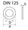 Diagram oznaczony „DIN 125" pokazujący wymiary podkładki. Widok z przodu z zewnętrzną średnicą „D", wewnętrzną średnicą „d" i widokiem z boku wysokości „h".