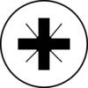 Czarny znak plus w kole, z liniami na końcach ramion krzyża, na białym tle.