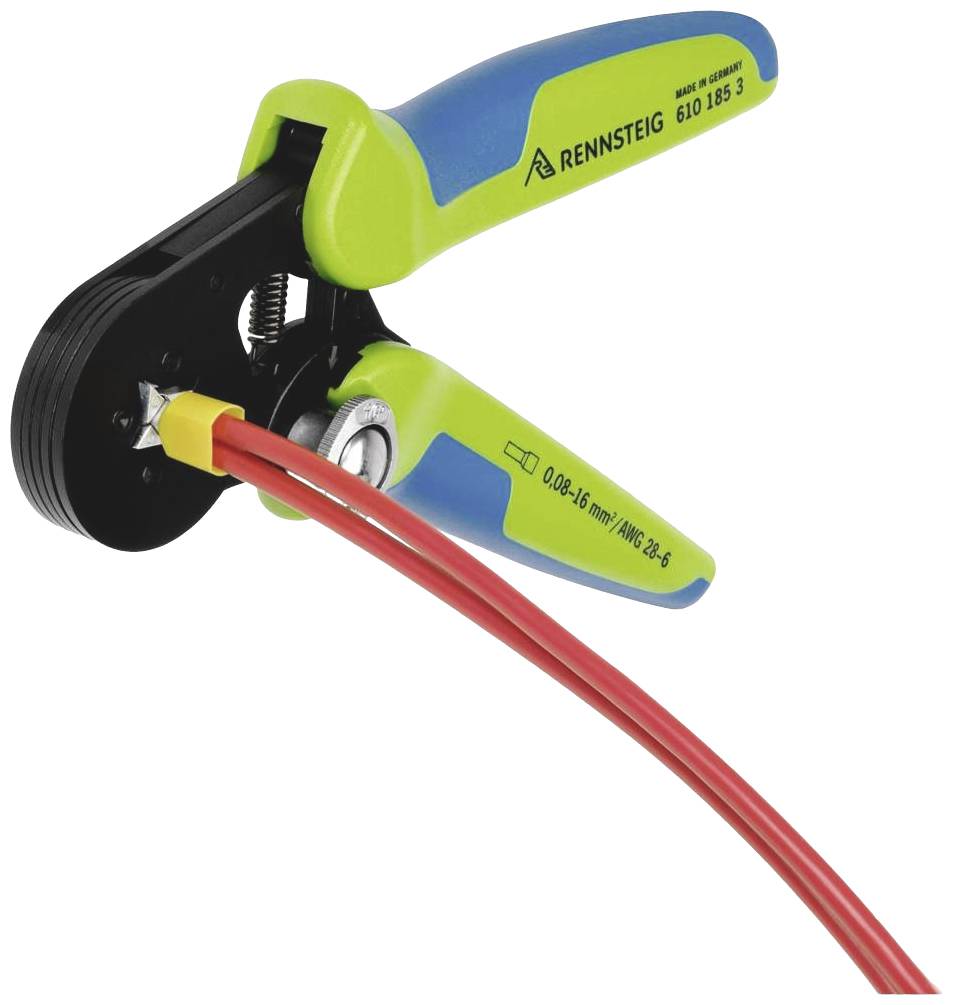 Zielono-niebieskie szczypce do ściągania izolacji firmy 'Rennsteig' starannie obierają izolację czerwonego przewodu.
