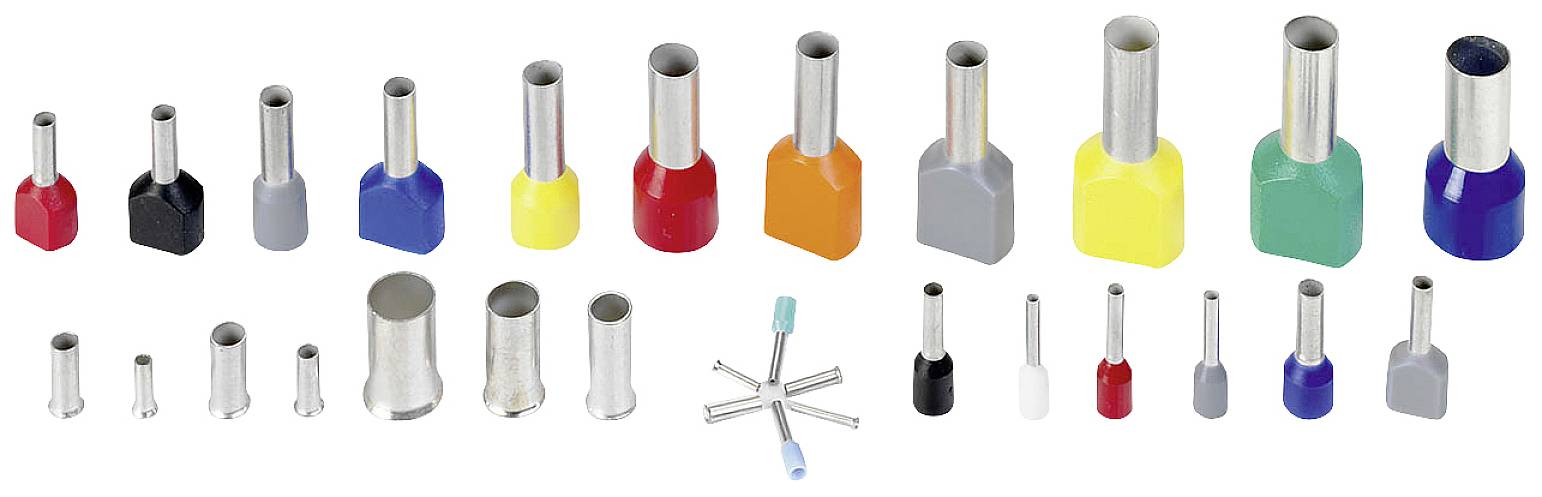 Różne zaizolowane tulejki końcówek kablowych w różnych kolorach i rozmiarach, ułożone obok siebie w celu ilustracji.