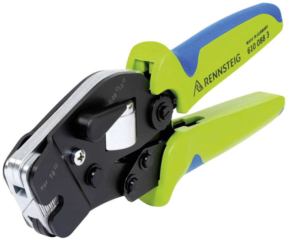 Szczypce do zaciskania z zielonymi i niebieskimi uchwytami, przeznaczone do precyzyjnego zaciskania połączeń kablowych. Napis 'RENNSTEIG, MADE IN GERMANY'.