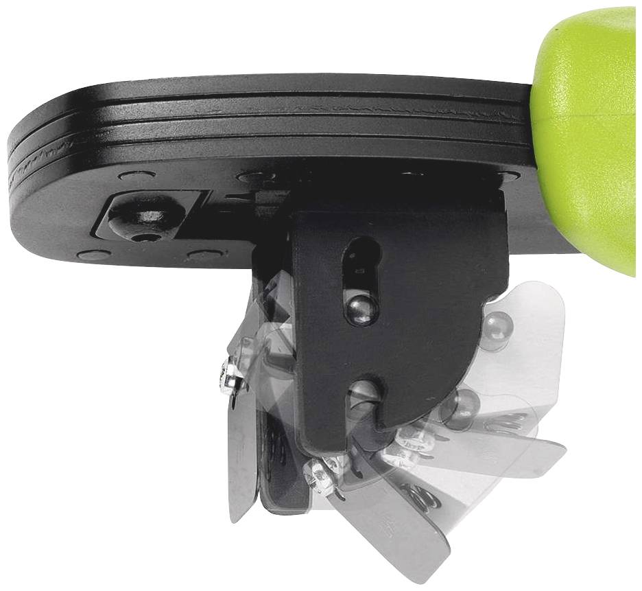 Elektryczne urządzenie z zielonym uchwytem i ruchomą głowicą, które może przyjąć wiele pozycji, przeznaczone do cięcia lub strzyżenia.